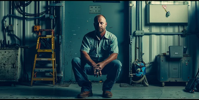 a professional locksmith kneeling in front of a secure, heavy-duty commercial door, equipped with a full set of specialized tools and a confident expression.