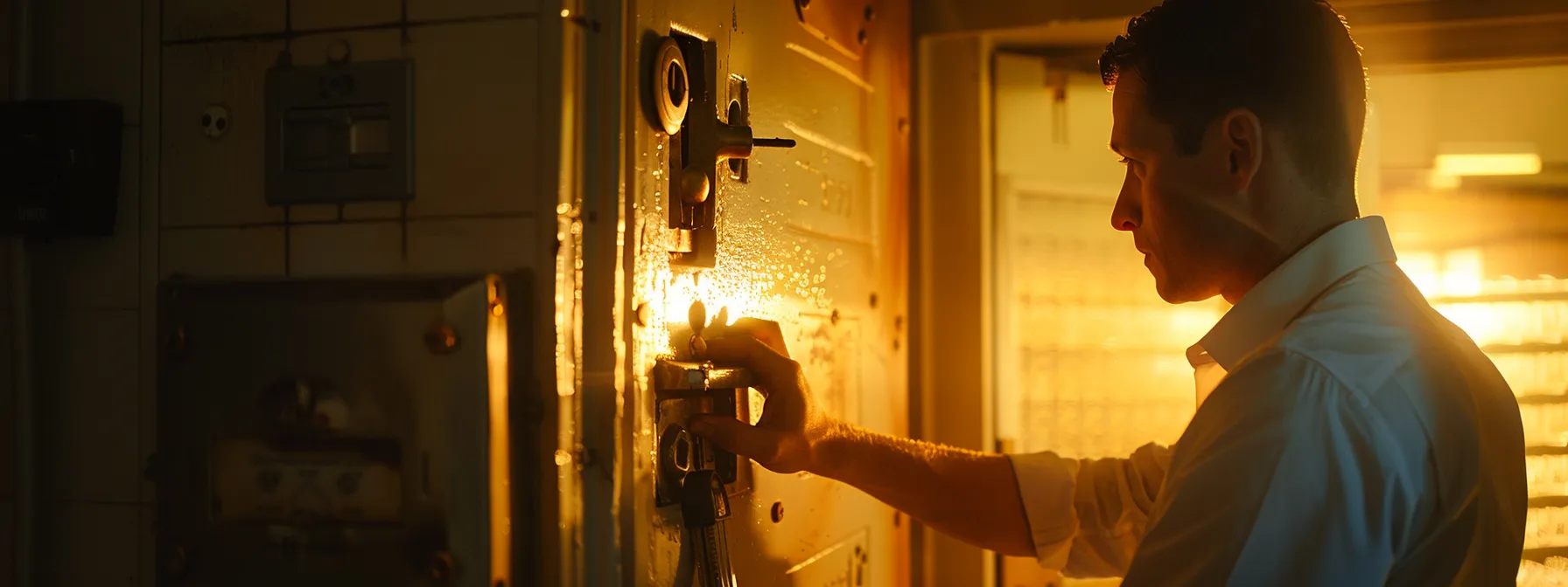 a locksmith inspecting a commercial door for wear and misalignment, checking hardware and security features to ensure optimal functionality and protection.