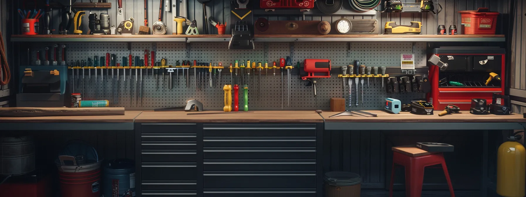 a workbench filled with neatly organized hand tools, replacement parts, safety equipment, lubricants, and cleaning supplies for commercial door repair.