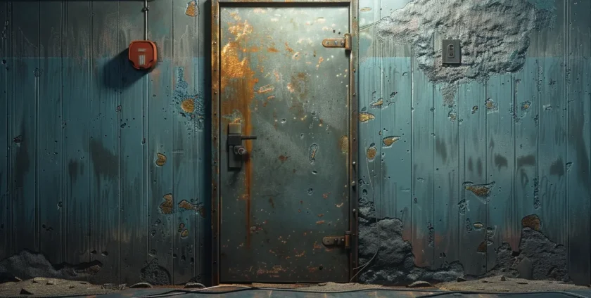 a commercial door with chipped paint and rusty hinges stands slightly ajar, revealing a glimpse of the dimly lit interior.