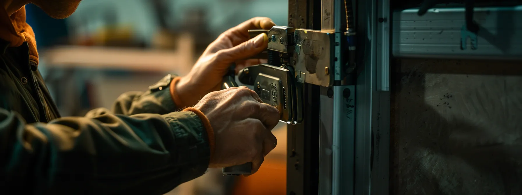 a technician carefully adjusting a new door closer mechanism with precision.