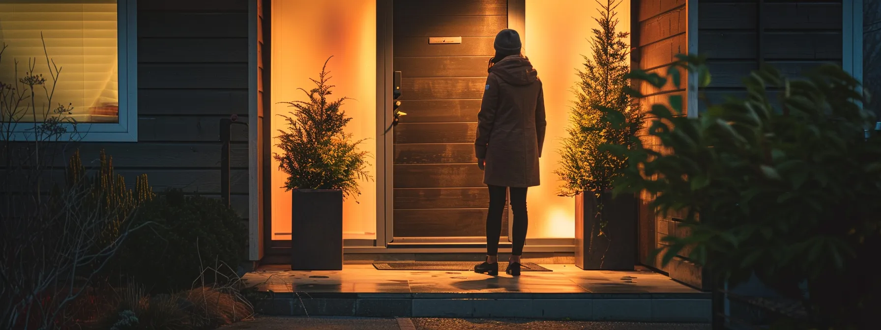 a homeowner standing in front of a sleek, high-tech smart lock on their front door, contrasting with the rugged simplicity of a traditional deadbolt lock.