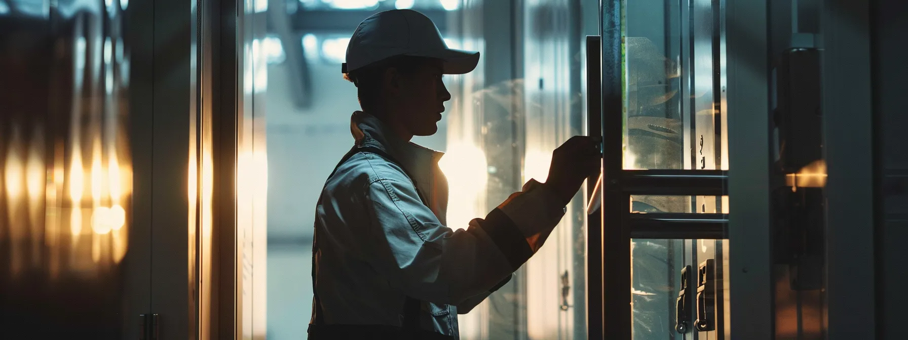 a maintenance worker carefully lubricating the hinges of a shiny, well-kept commercial door.