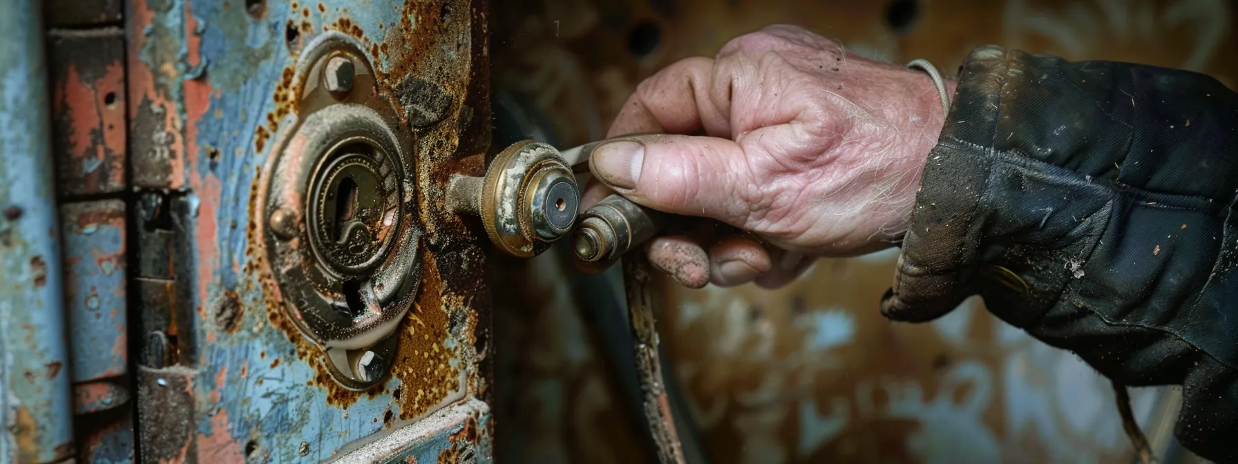 a close-up photo of a homeowner carefully lubricating the mechanisms of a traditional lock, protecting it from rust and ensuring its longevity.