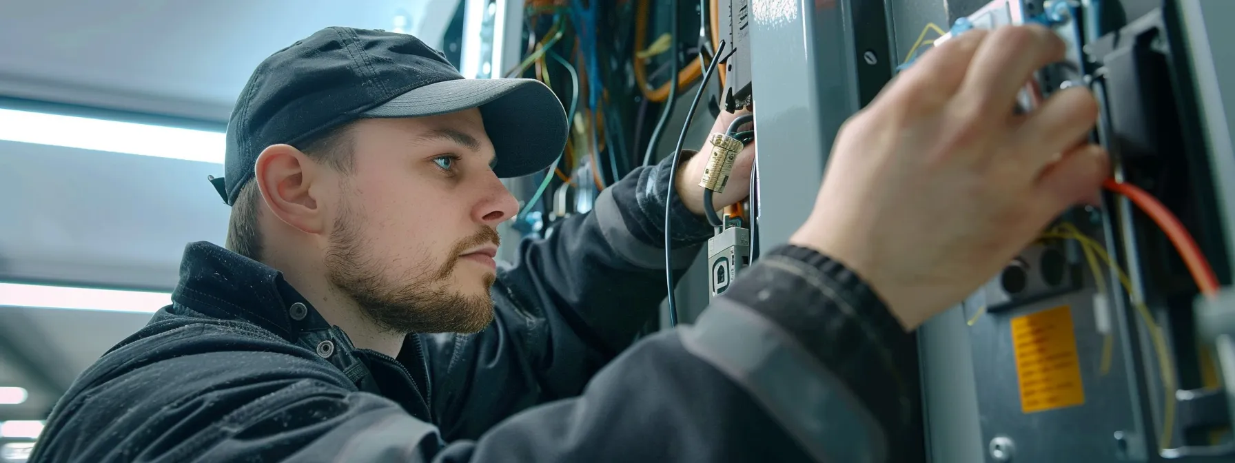 a professional locksmith meticulously installing a high-security lock on a sleek, modern office door.