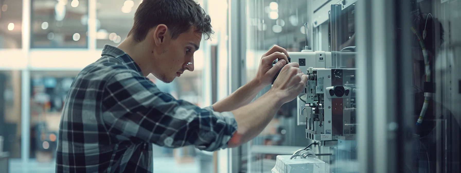 a skilled locksmith carefully installing a state-of-the-art high-security lock system in a modern office setting.