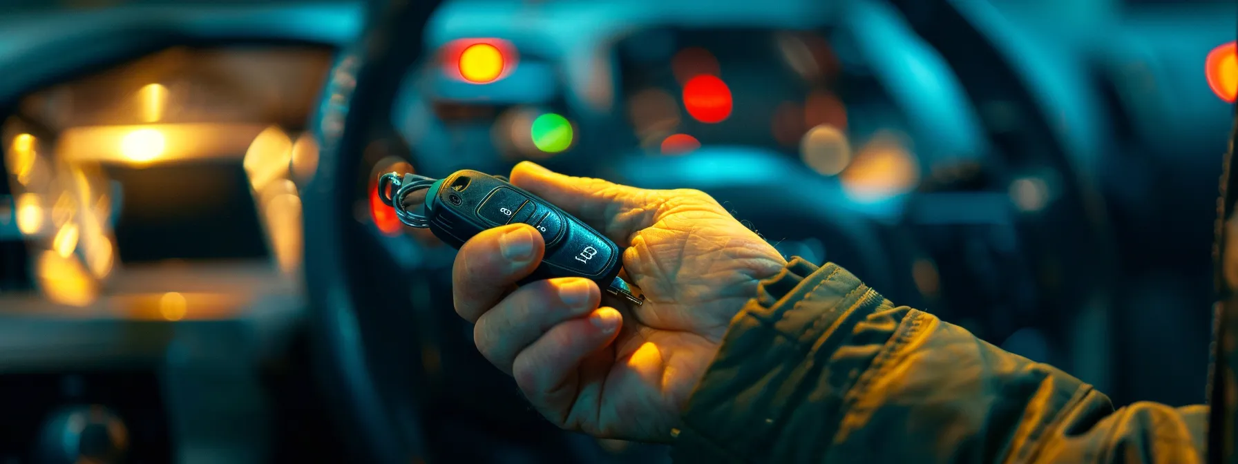 a professional locksmith carefully synchronizing a newly programmed car key with the vehicle's electronic immobilizer system.