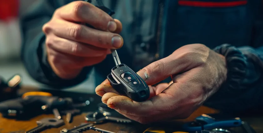 a locksmith crafting a new car key from scratch with precision tools and focused concentration.