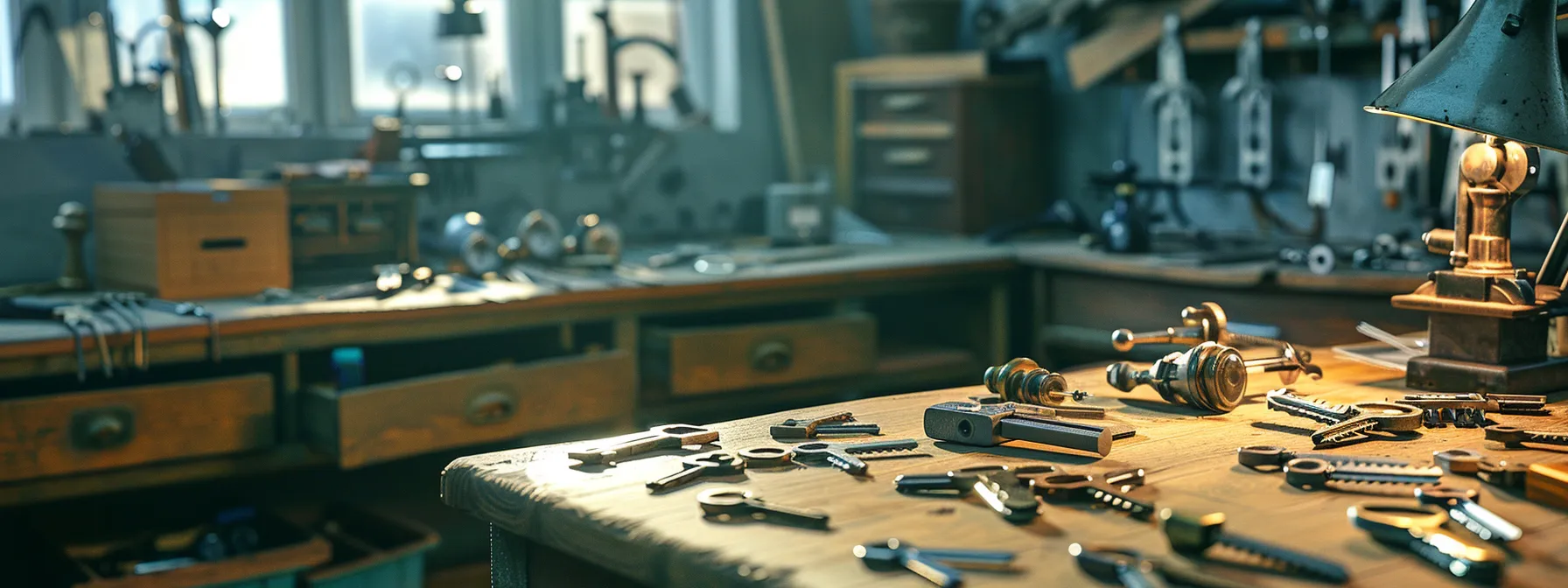 a locksmith examining a variety of sophisticated lock and key hardware options in a well-lit workshop.