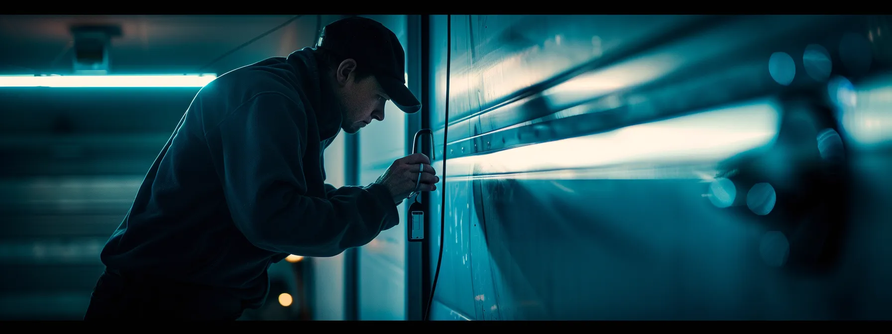 a locksmith expert carefully installing a high-security lock on a sleek aluminum garage door under bright lights.