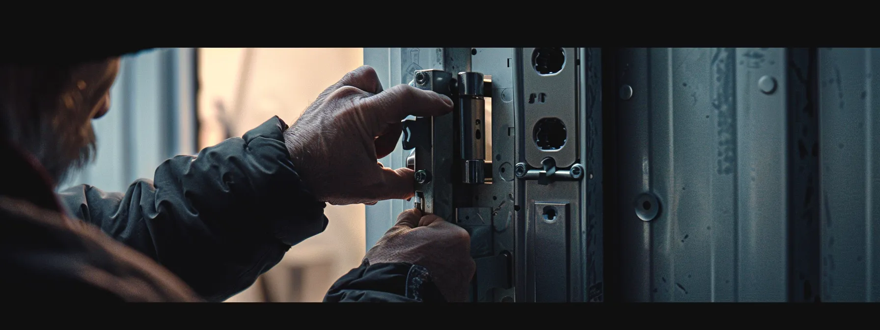 a locksmith meticulously aligning a commercial door hinge for seamless operation.