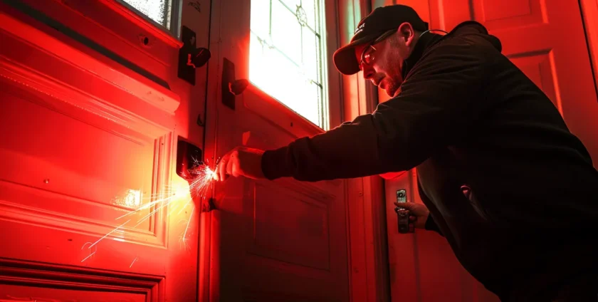 a locksmith in action, skillfully picking a lock on a red door during an emergency lockout situation.