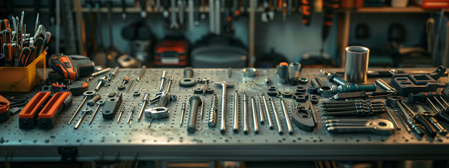 a commercial locksmith's table displaying an array of advanced tools like drills and specialized equipment for servicing mortise locks, highlighting the complexity and precision required for business security solutions.