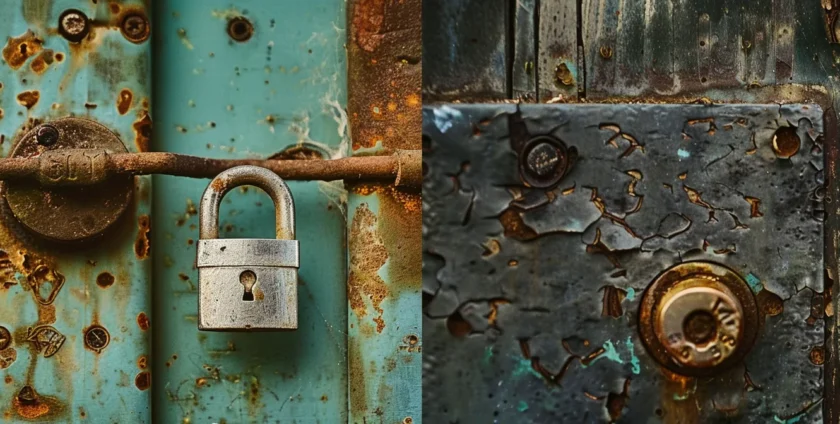 a rusty, weathered lock dangling from a neglecting gate, contrasted against a shiny, well-maintained lock on a secure door.