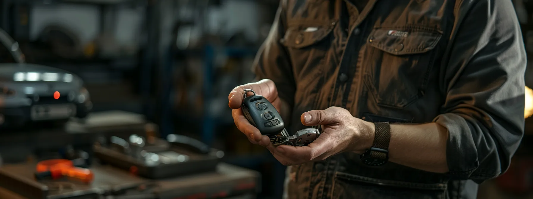 a mechanic holding a sophisticated transponder key next to a detailed car manual, highlighting the importance of understanding car key replacement without the original key.