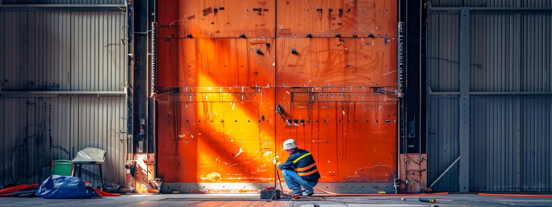 a repairer carefully inspecting a massive commercial door, wearing protective gear and following lockout/tagout procedures to ensure safety.